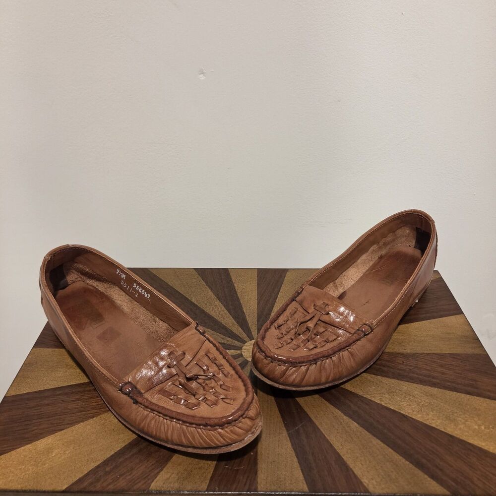 True Vintage Dexter USA Leather Loafers Moccasin US 7.5 Woven Brown 70s 80s Boho